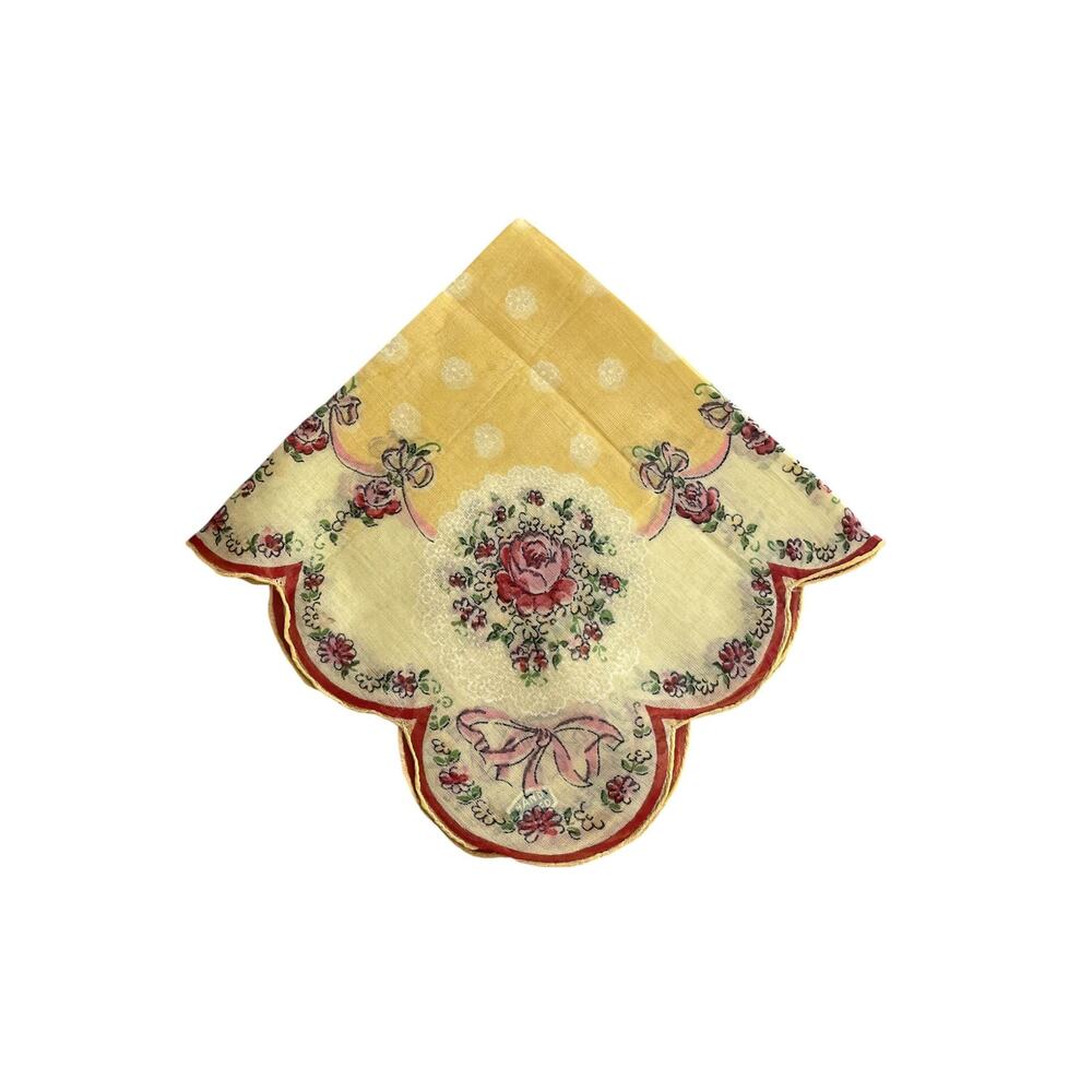 1960s Yellow Red Pink Blooming Rose Flower Scallop Edge Lady’s Handkerchief